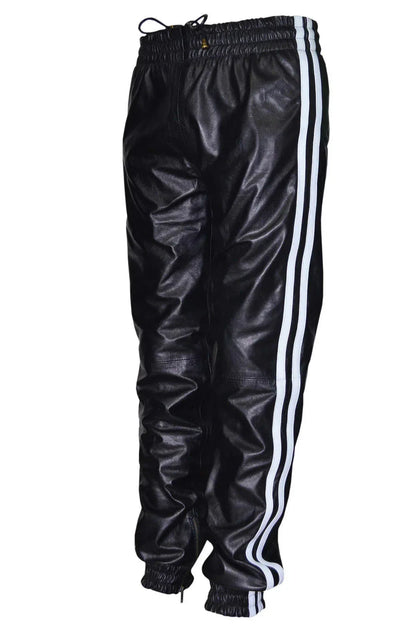 Mens Leather Joggers Black with White Side Stripes
