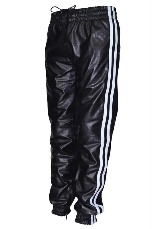 Mens Leather Joggers Black with White Side Stripes