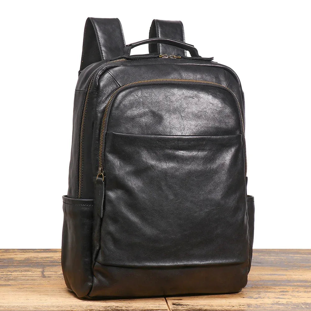 Men’s Leather Backpack with Trolley Sleeve Black