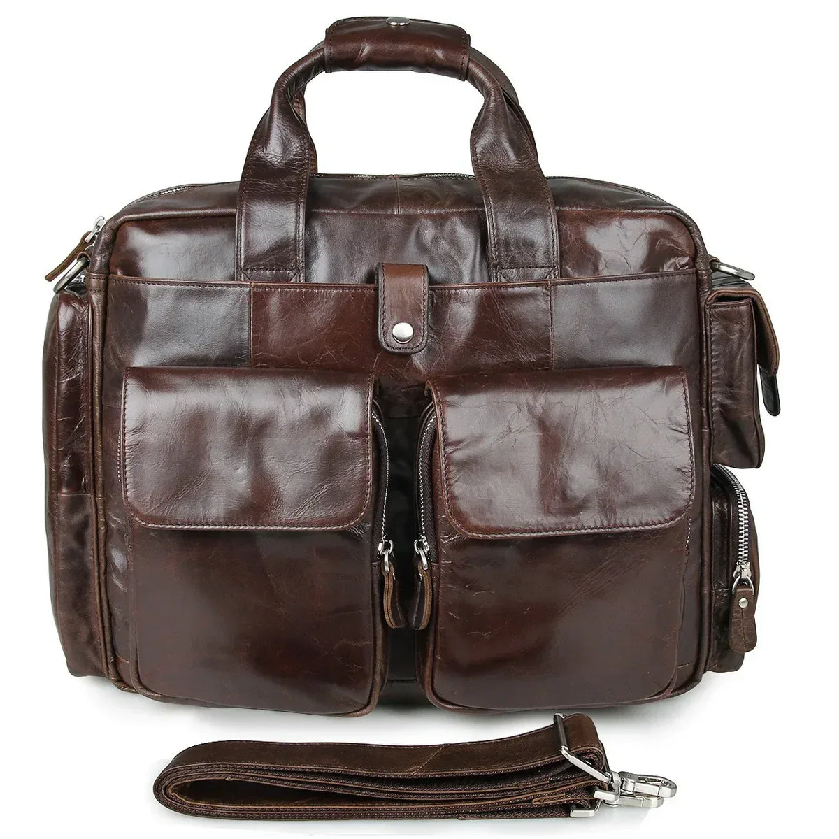 Genuine Leather Office Briefcase Laptop Bag with Trolley Sleeve for Men