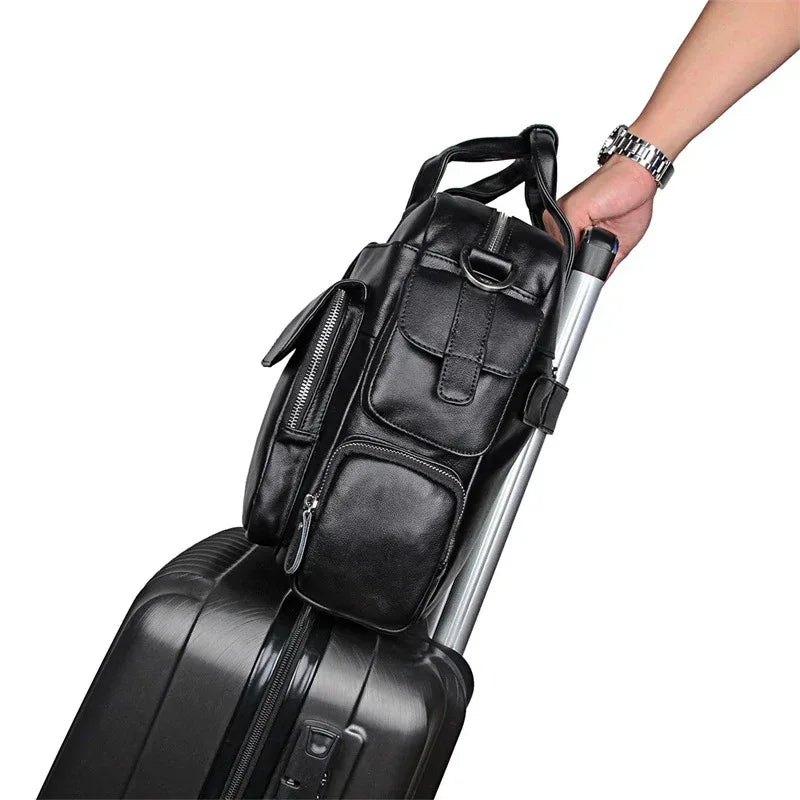 Genuine Leather Office Briefcase Laptop Bag with Trolley Sleeve for Men