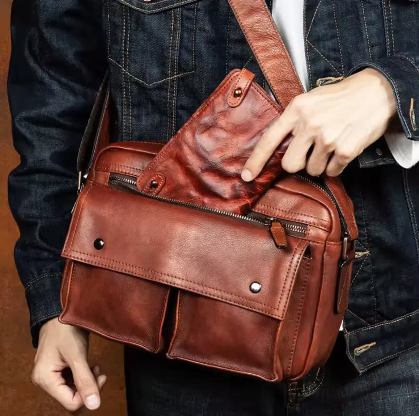 Men’s Brown Leather Messenger Bag with Front Pockets
