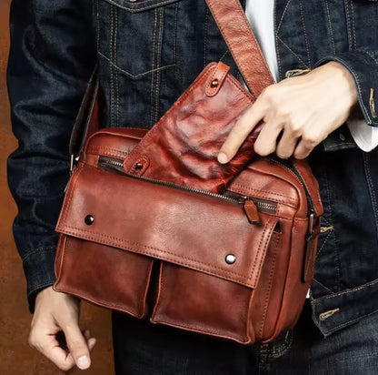 Men’s Brown Leather Messenger Bag with Front Pockets