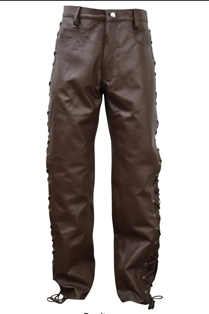 Brown Lace Up Leather Pants for Men in Genuine Cowhide
