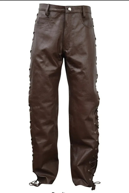 Brown Lace Up Leather Pants for Men in Genuine Cowhide