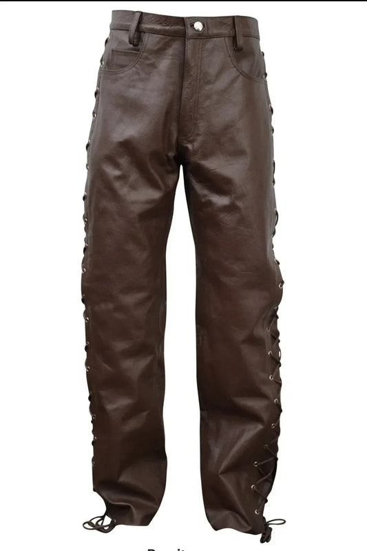 Brown Lace Up Leather Pants for Men in Genuine Cowhide