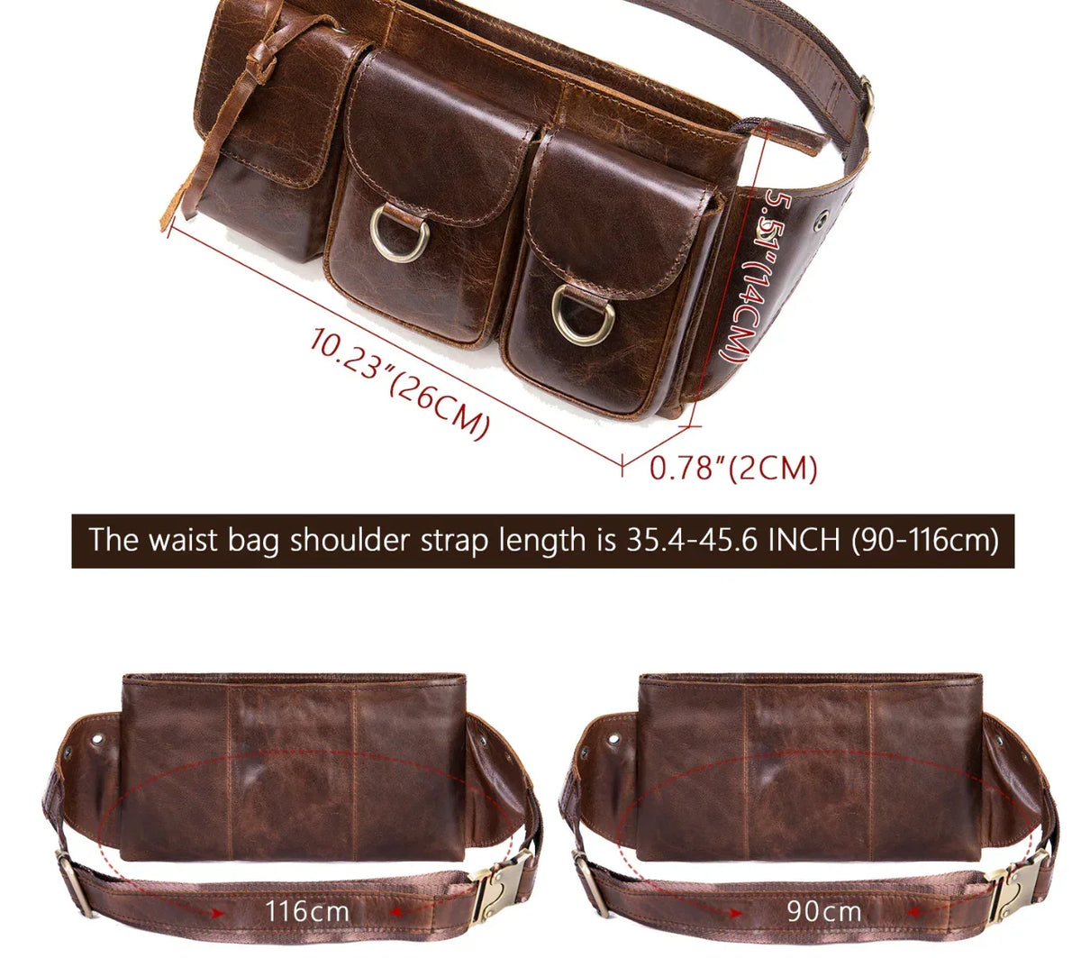 Men’s Leather Waist Bag with Multiple Pockets and Adjustable Strap