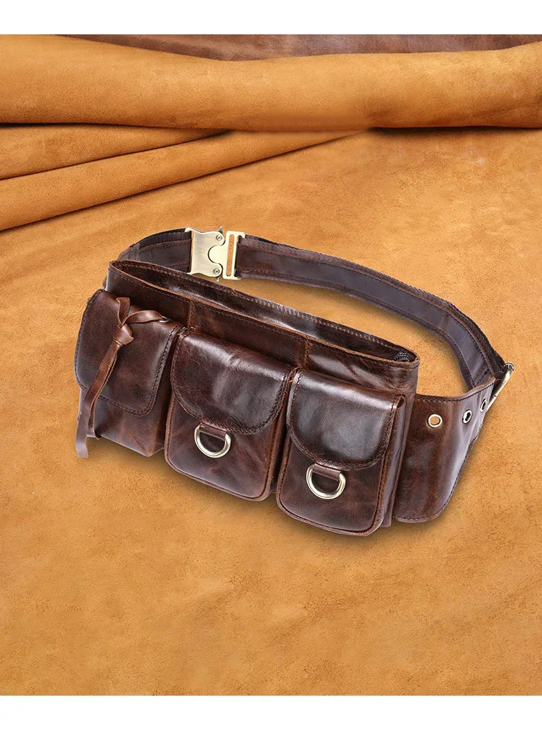 Men’s Leather Waist Bag with Multiple Pockets and Adjustable Strap