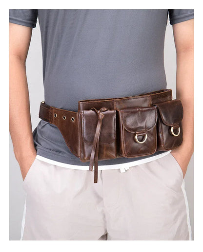 Men’s Leather Waist Bag with Multiple Pockets and Adjustable Strap