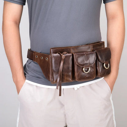 Men’s Leather Waist Bag with Multiple Pockets and Adjustable Strap