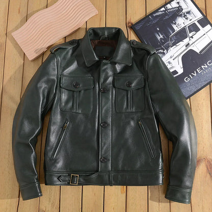 Men’s Military Leather Jacket with Epaulets and Zip Pockets