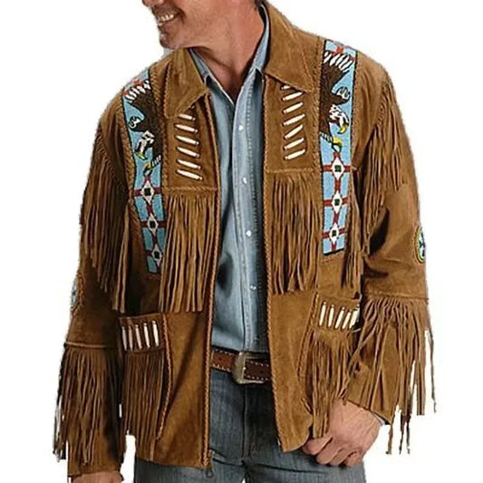 Men’s Suede Jacket Brown Fringe Beaded Western