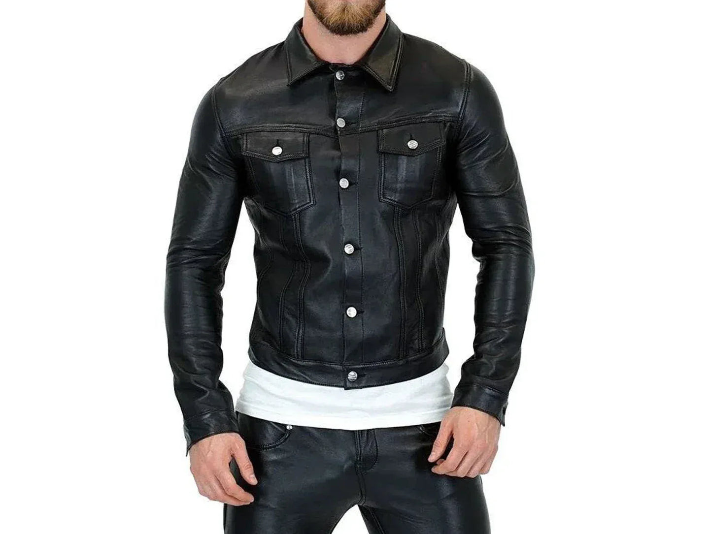 mens black genuine leather jacket slim fit shirt style