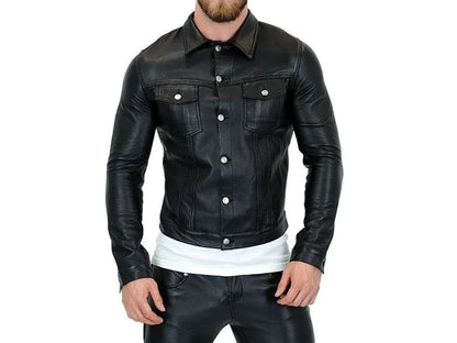 mens black genuine leather jacket slim fit shirt style