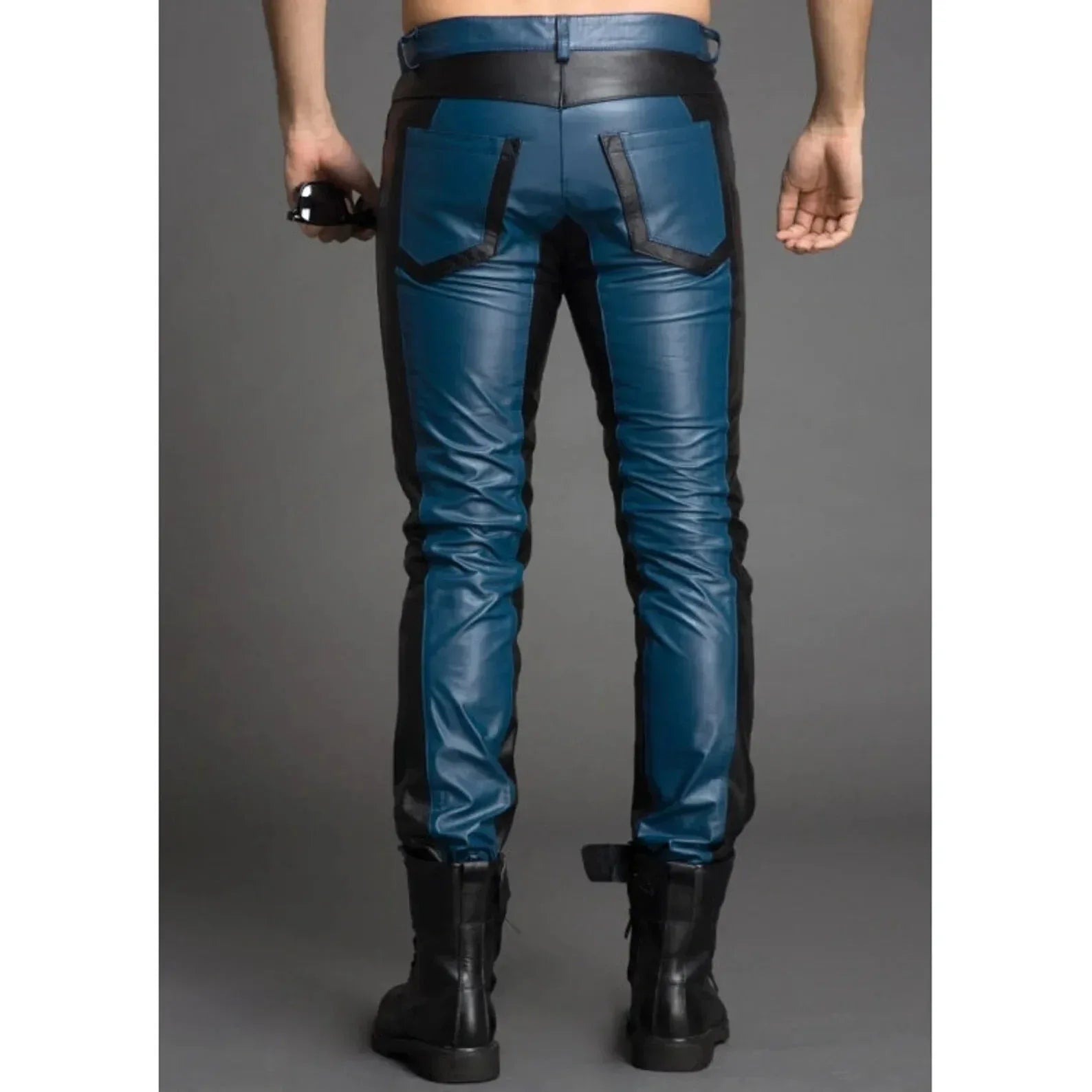 Blue leather pants mens slim fit two tone trouser