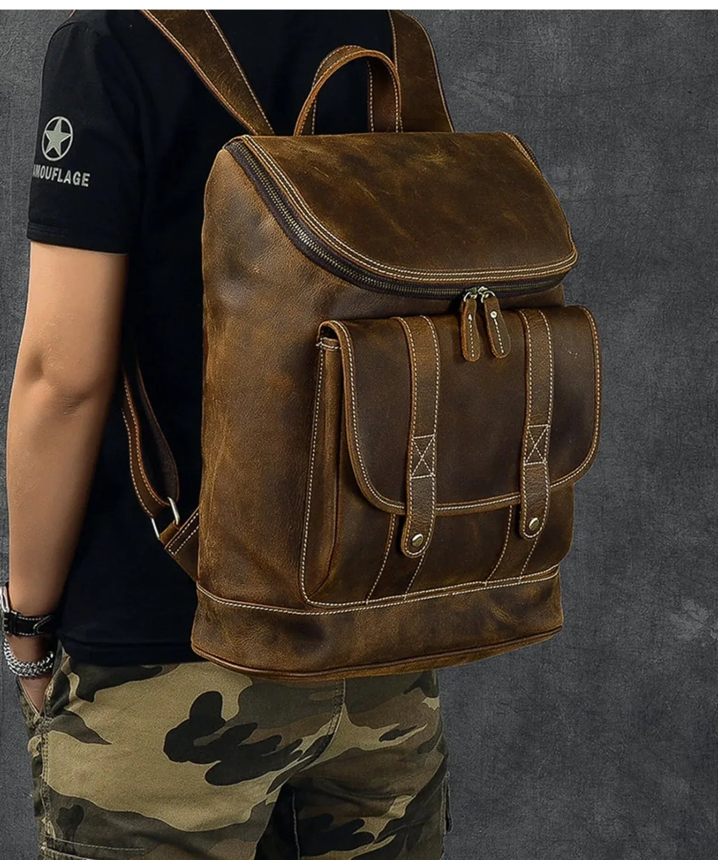 Cowhide Leather Backpack Men Large Crazy Horse Laptop Travel Bag