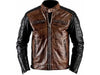 mens leather jacket quilted sleeves brown biker jacket