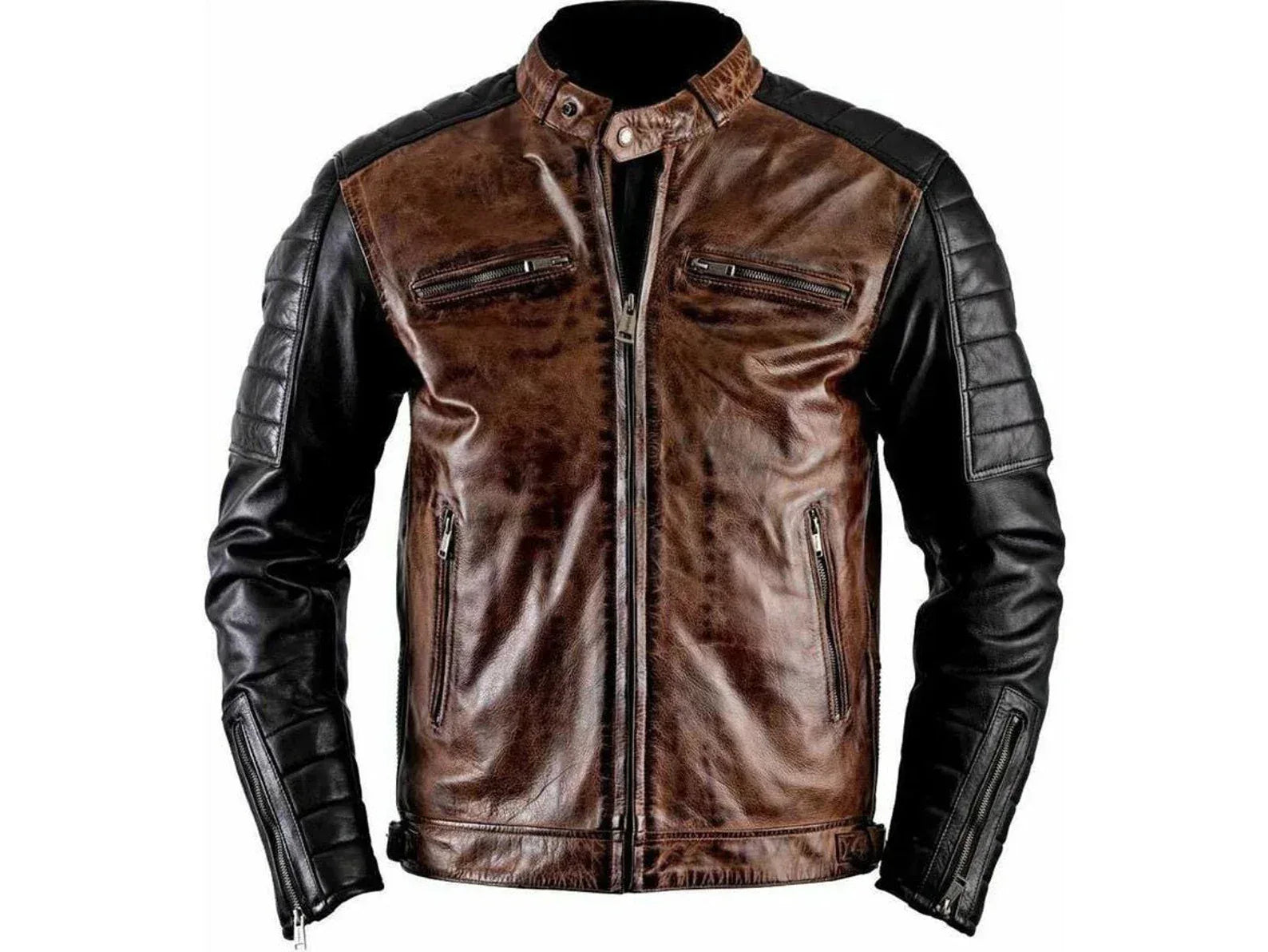 mens leather jacket quilted sleeves brown biker jacket