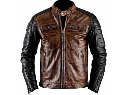 mens leather jacket quilted sleeves brown biker jacket