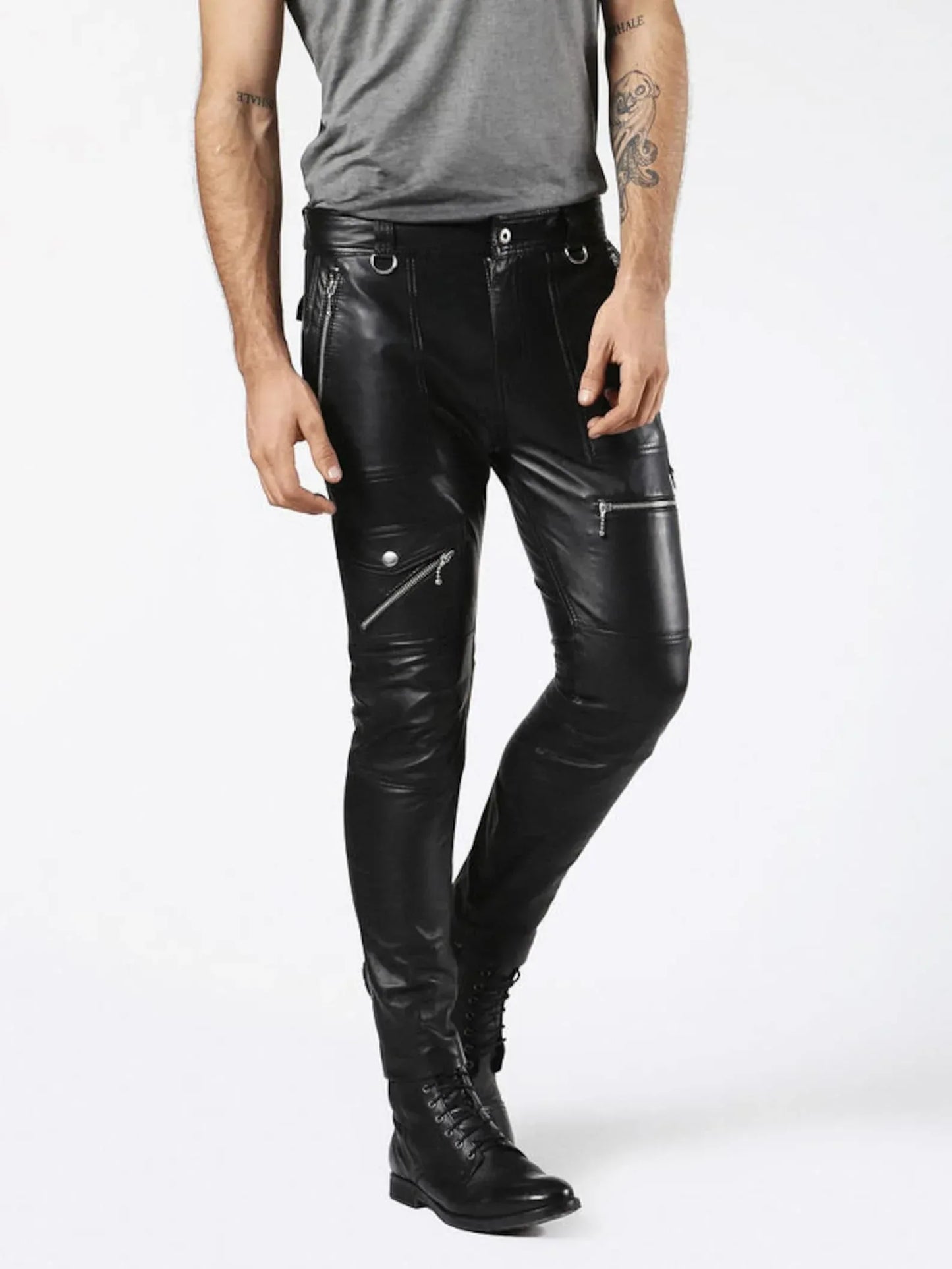 real leather pants men black biker style zipper pocket design