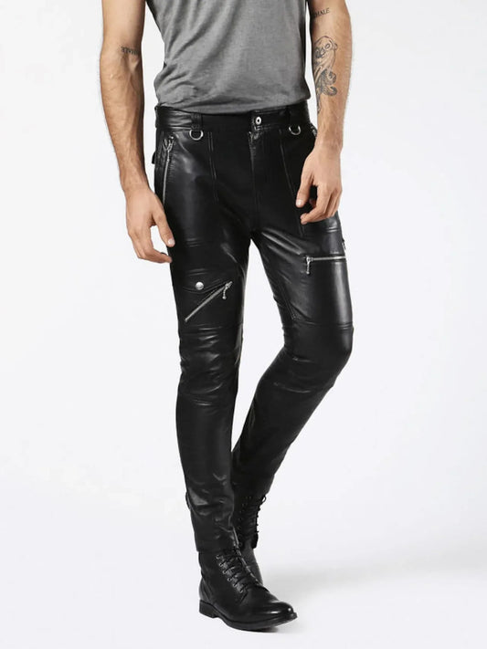 real leather pants men black biker style zipper pocket design