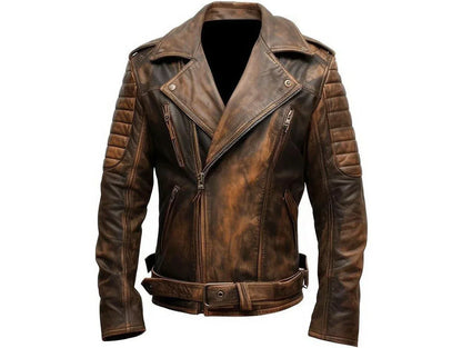 Mens quilted leather jacket distressed slim fit