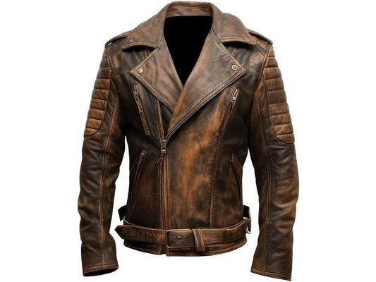 Mens quilted leather jacket distressed slim fit