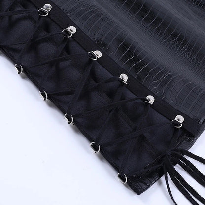 Women's black leather mini skirt with adjustable lacing