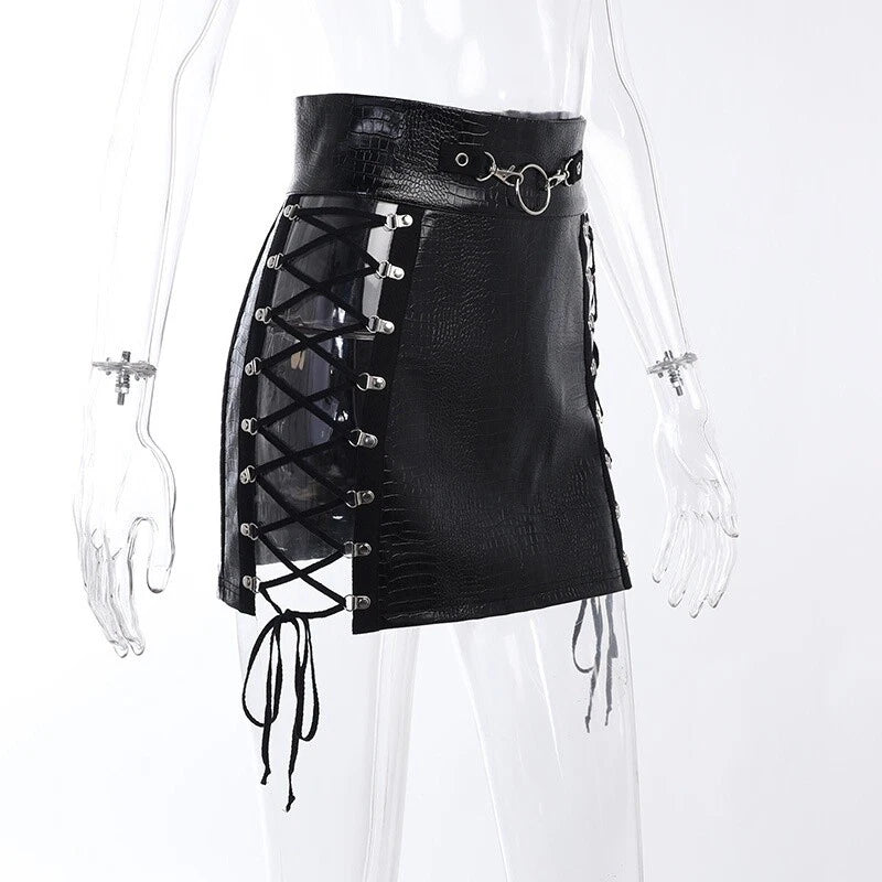 Women's black leather mini skirt with adjustable lacing