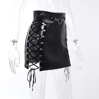 Women's black leather mini skirt with adjustable lacing