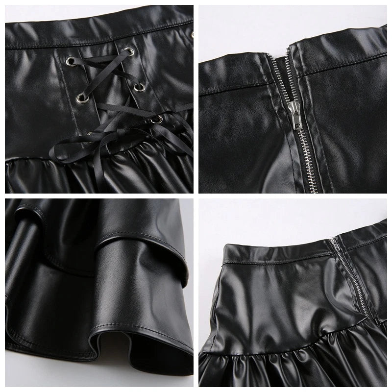Black faux leather mini skirt lace up corset