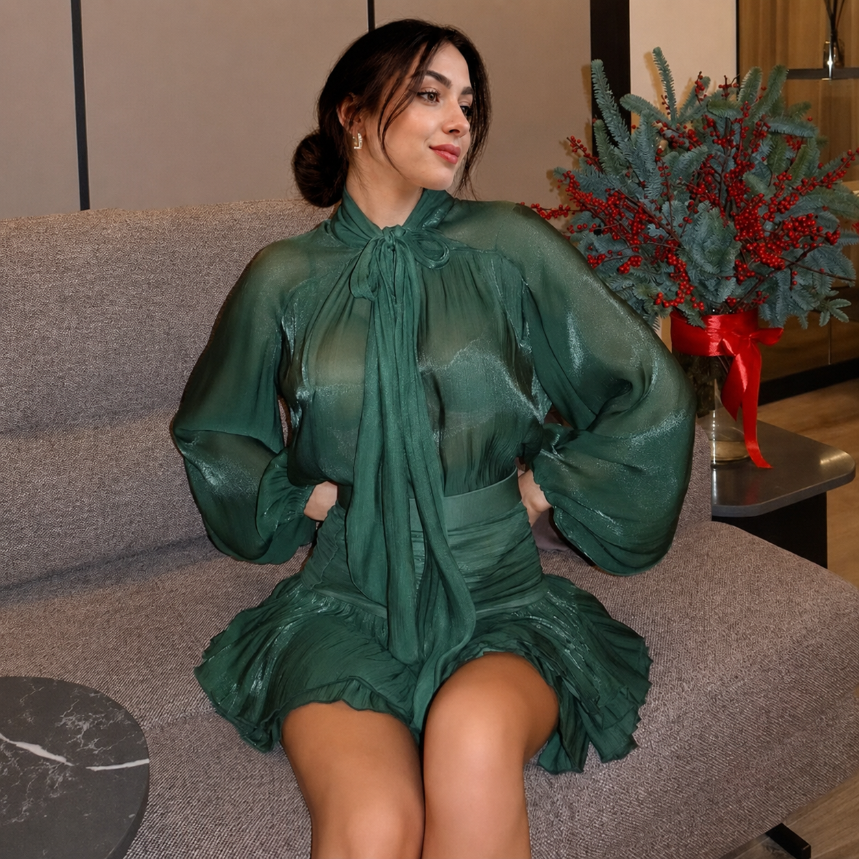 Shimmer bow blouse with high-waist ruched mini skirt set