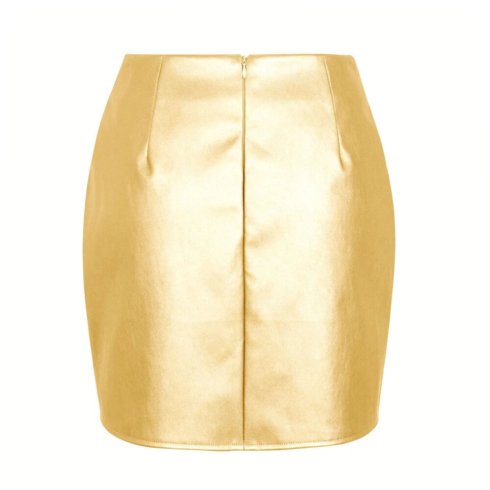 Metallic faux leather mini skirt women high waist