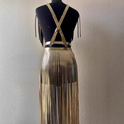 Gold fringe leather skirt tassel belt harness set