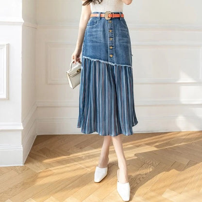 Women's knee length jean skirts with mesh detail