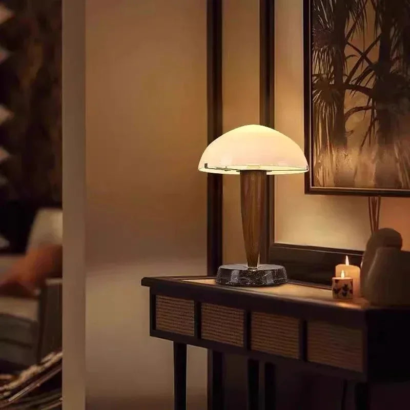 Mid Century Walnut Marble Table Lamp with Opal Glass
