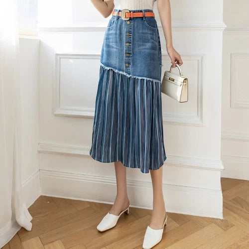 Women's knee length jean skirts with mesh detail