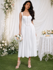 White corset midi dress with slit and smocked back