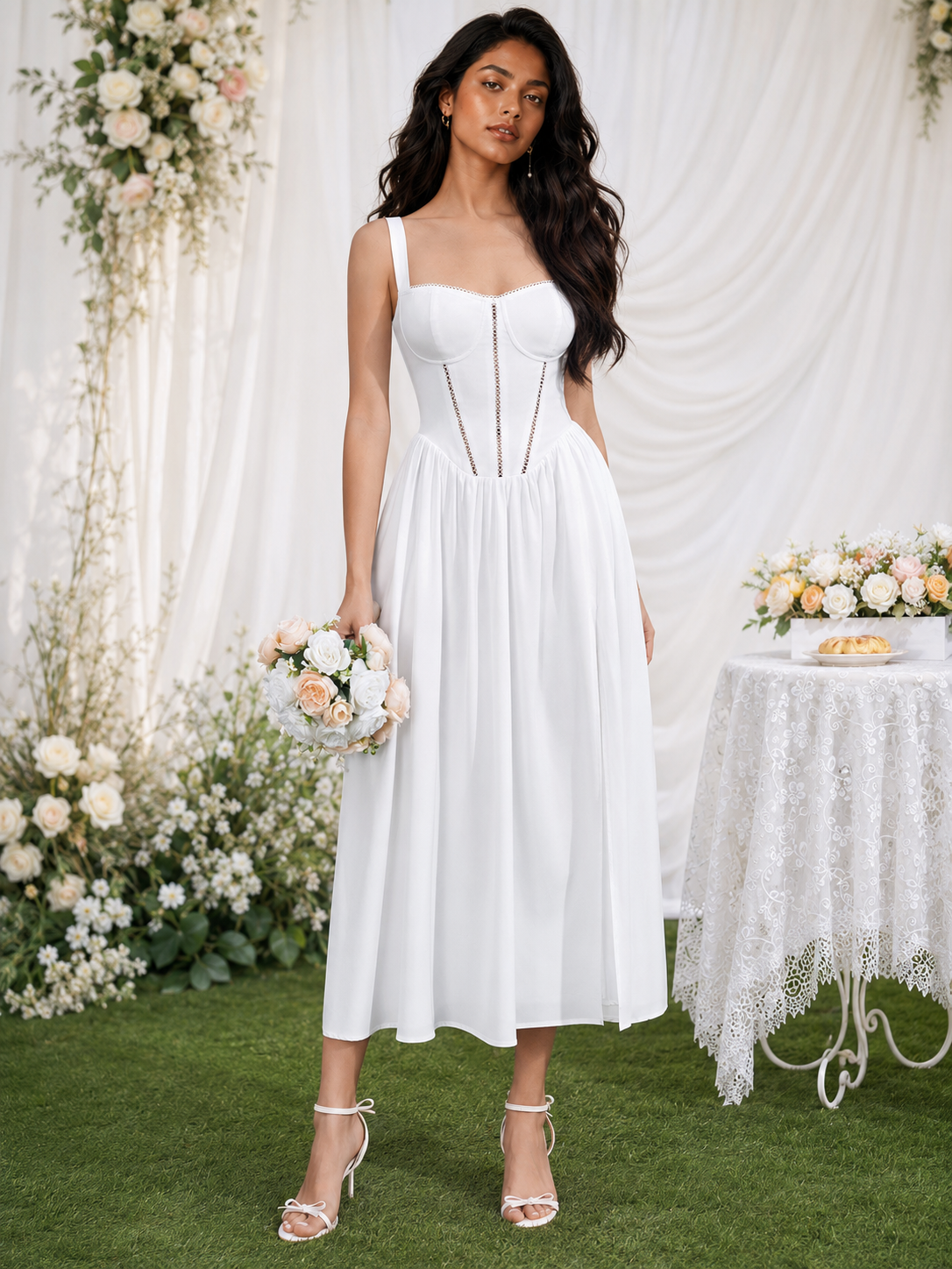 White corset midi dress with slit and smocked back