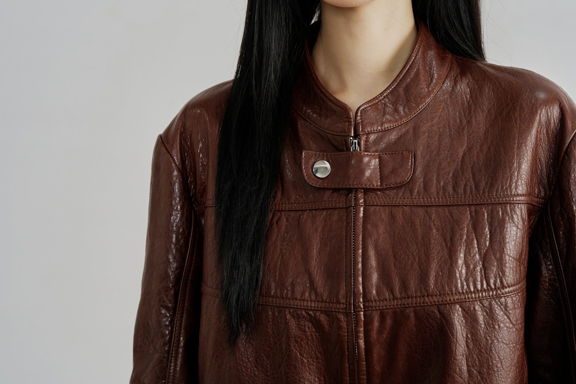 Genuine Leather Zip Up Women Jacket Brown Moto Biker Style