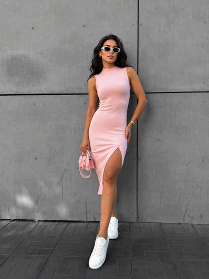 Sleeveless ribbed midi dress with side slit and mock neck 1 S