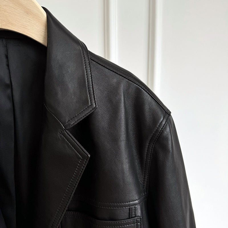 Black Leather Blazer Women Lapel Collar Single Button Shirt Jacket