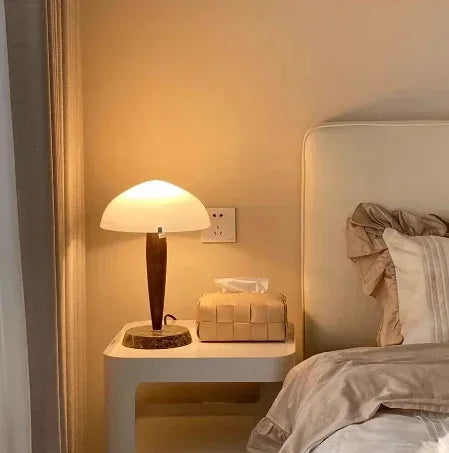 Mid Century Walnut Marble Table Lamp with Opal Glass