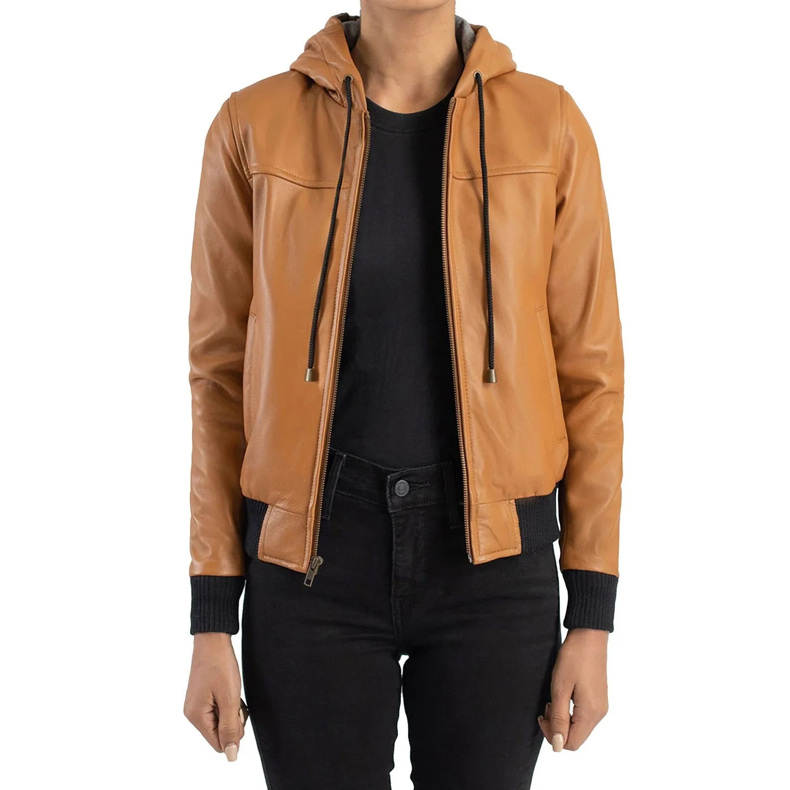 Tan Leather Hooded Jacket for Women Bomber Style