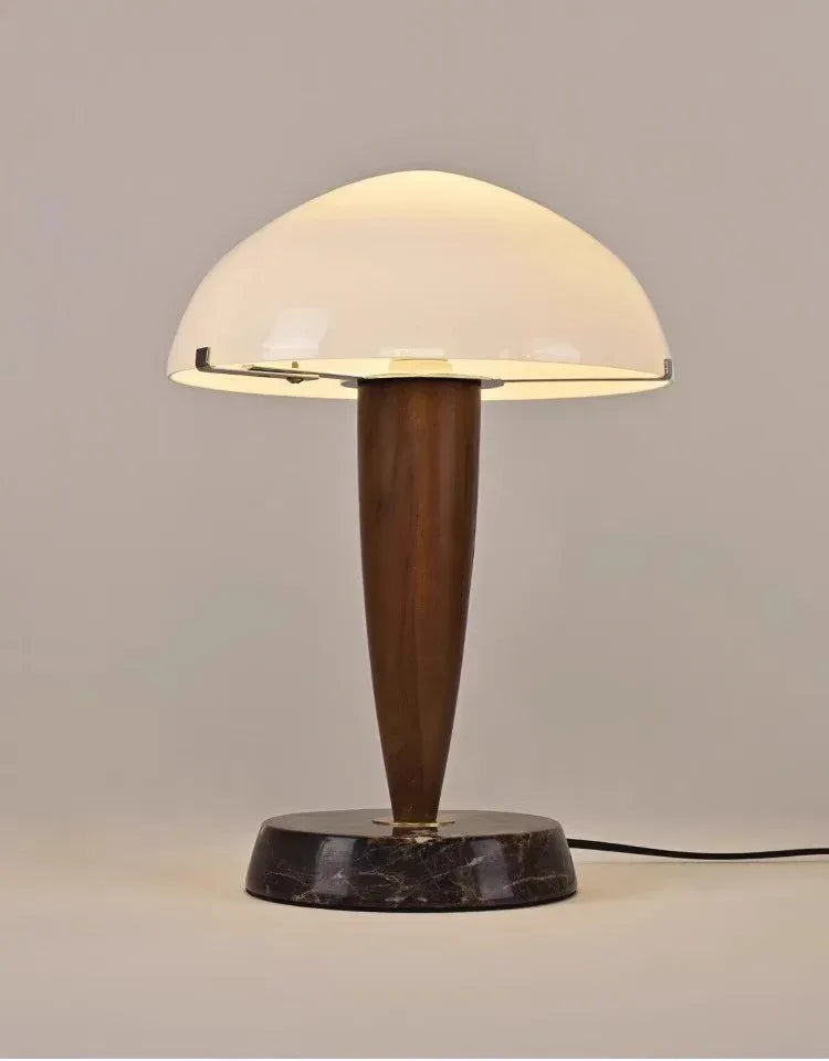 Mid Century Walnut Marble Table Lamp with Opal Glass