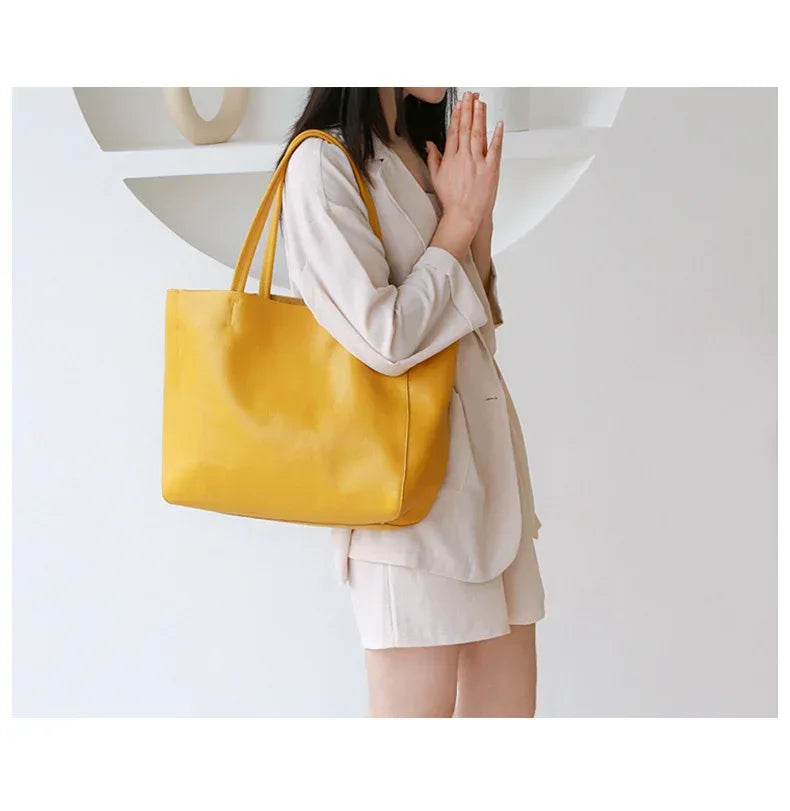 Large Leather Tote Bag for Women in Mustard Yellow with Pouch