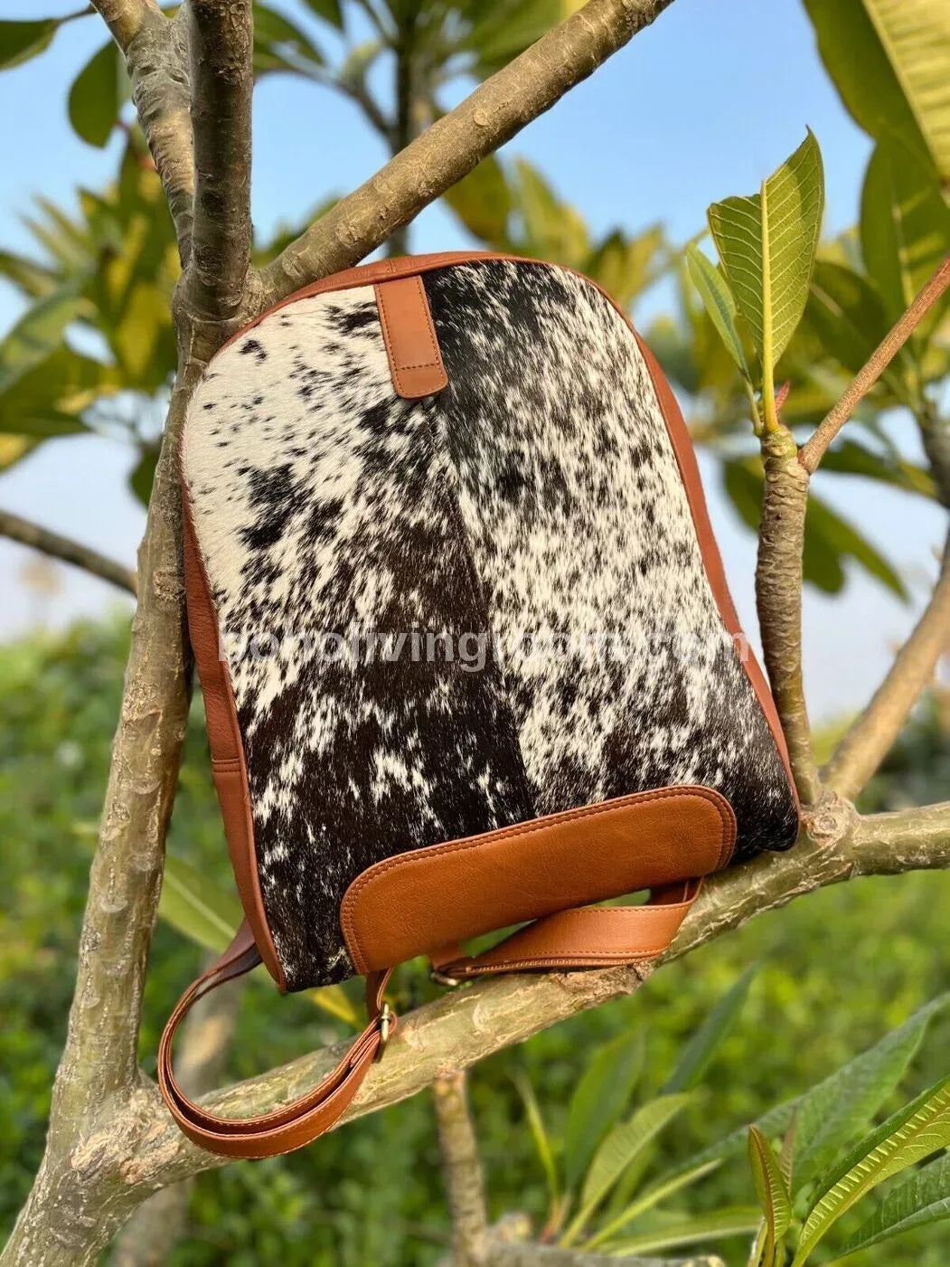 Black White Cowhide Backpack with Brown Leather Trim
