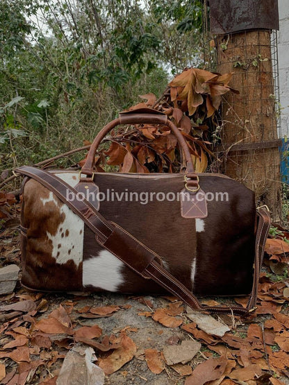 Brown White Cowhide Duffle Bag with Shoulder Strap