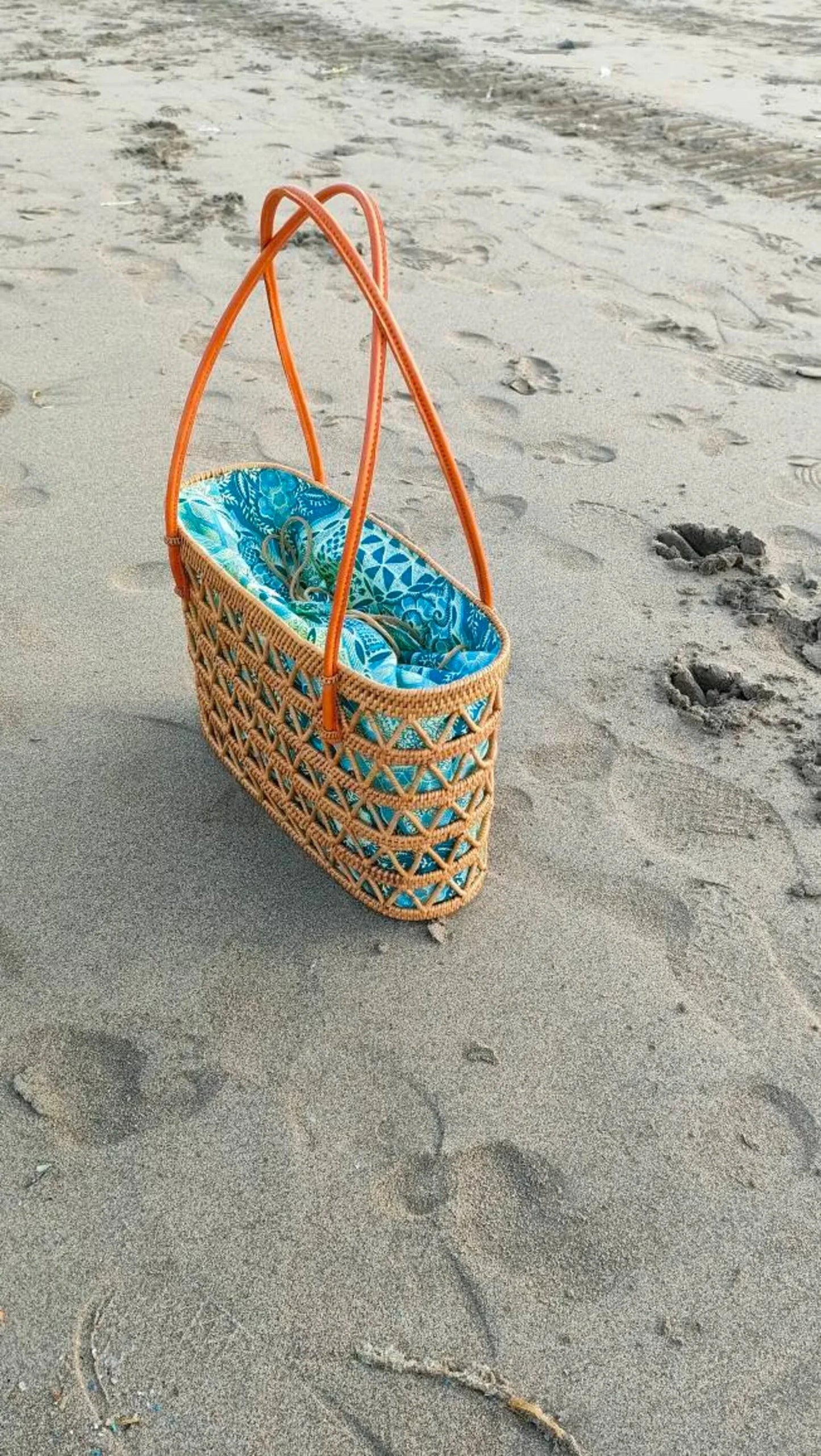 Bali Handmade Natural Rattan Tote Handbag Blue Lining