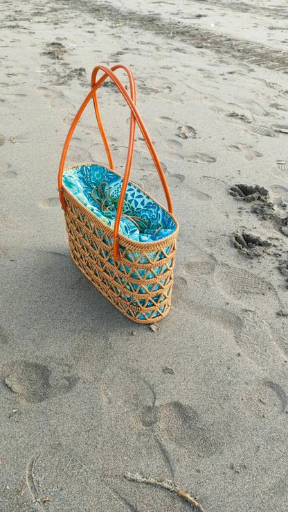 Bali Handmade Natural Rattan Tote Handbag Blue Lining